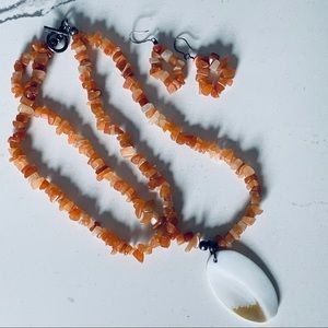 Stone & Shell Neckace & Earring Set Orange/White